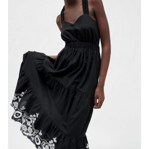 Zara black cotton embroidered midi dress, elastic straps, open back, size Med